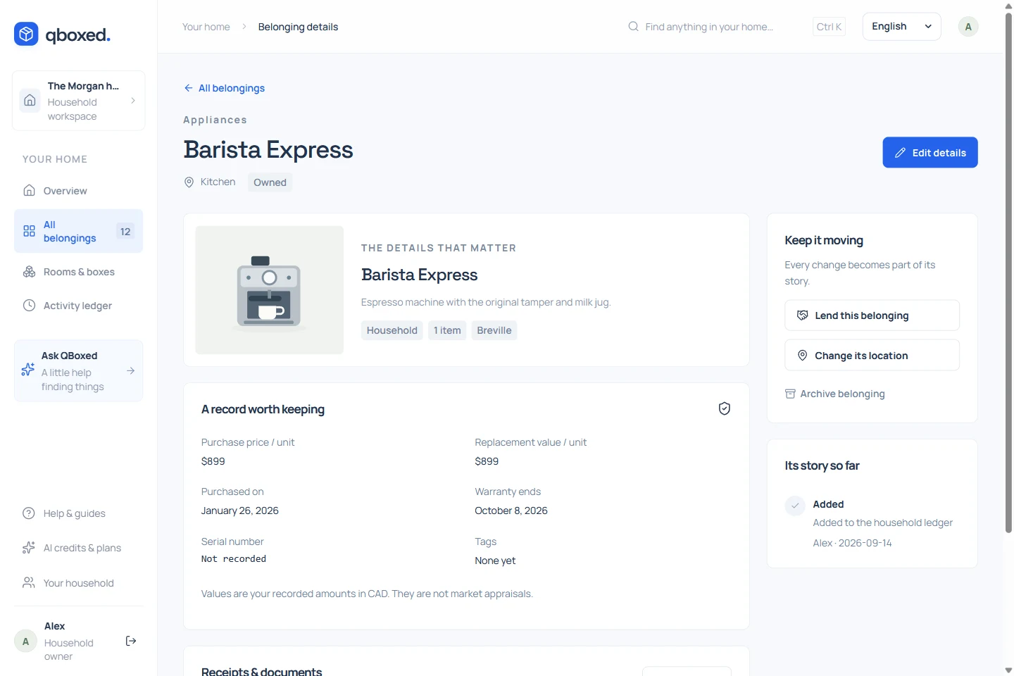 QBoxed demo espresso machine record with its location, purchase details, warranty date, and activity history