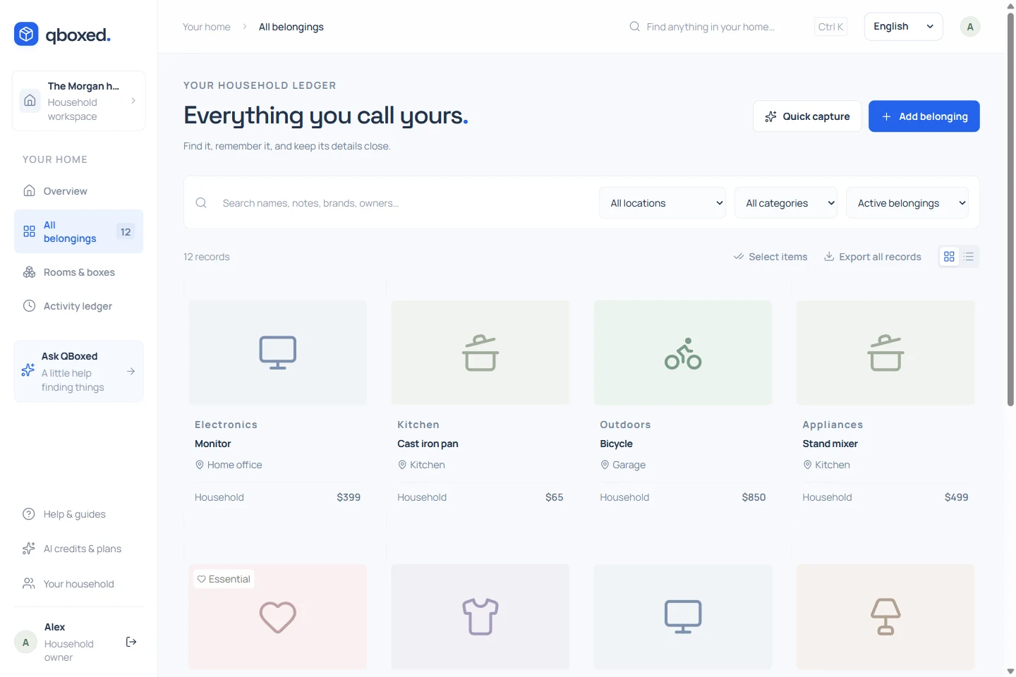 QBoxed demo inventory with belonging cards and filters for location, category, and status